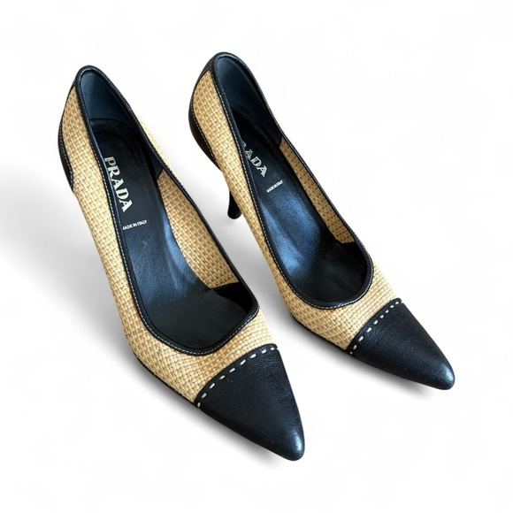 Prada Two-Tone Black and Tan Heels| Prada Heels| Black and Cream Prada Heels - Picture 2 of 10